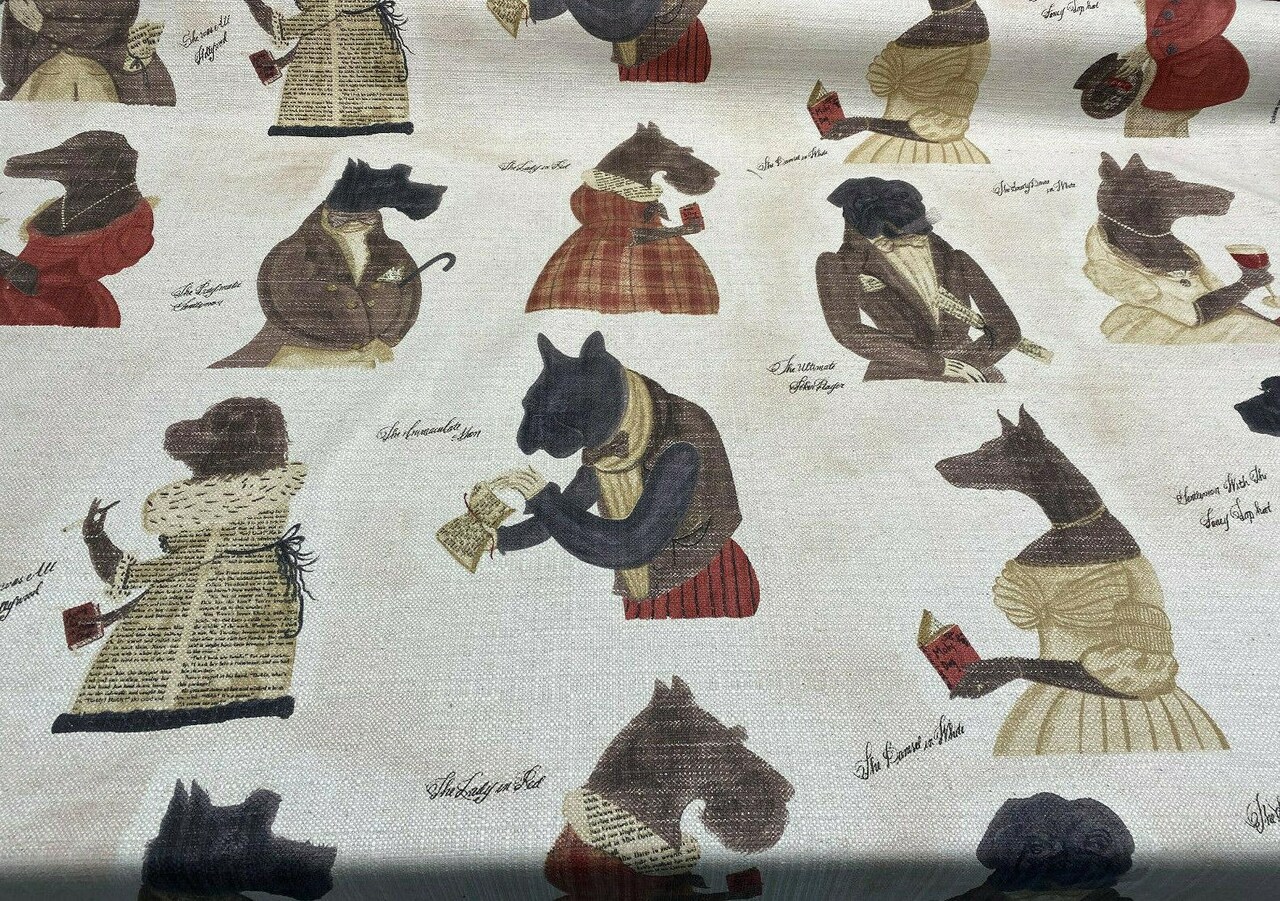 1 Yard Fancy Nautical Dogs Top Hat Linen Blend Upholstery Fabric 56 Inch Width 66% Cotton 23% Polyester 11% Linen